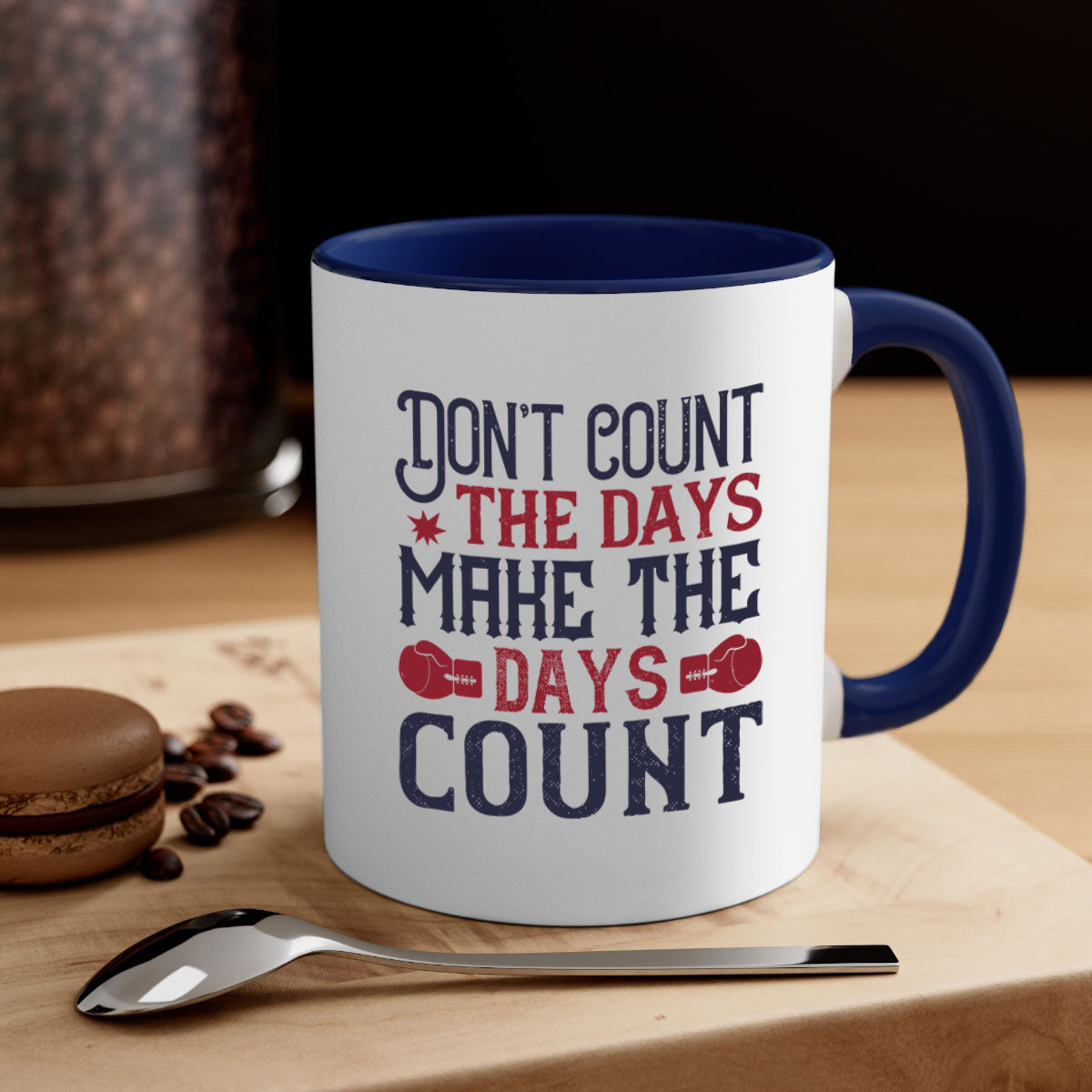 A stylish two-tone ceramic coffee mug with a motivational quote, available in five colors and two sizes.