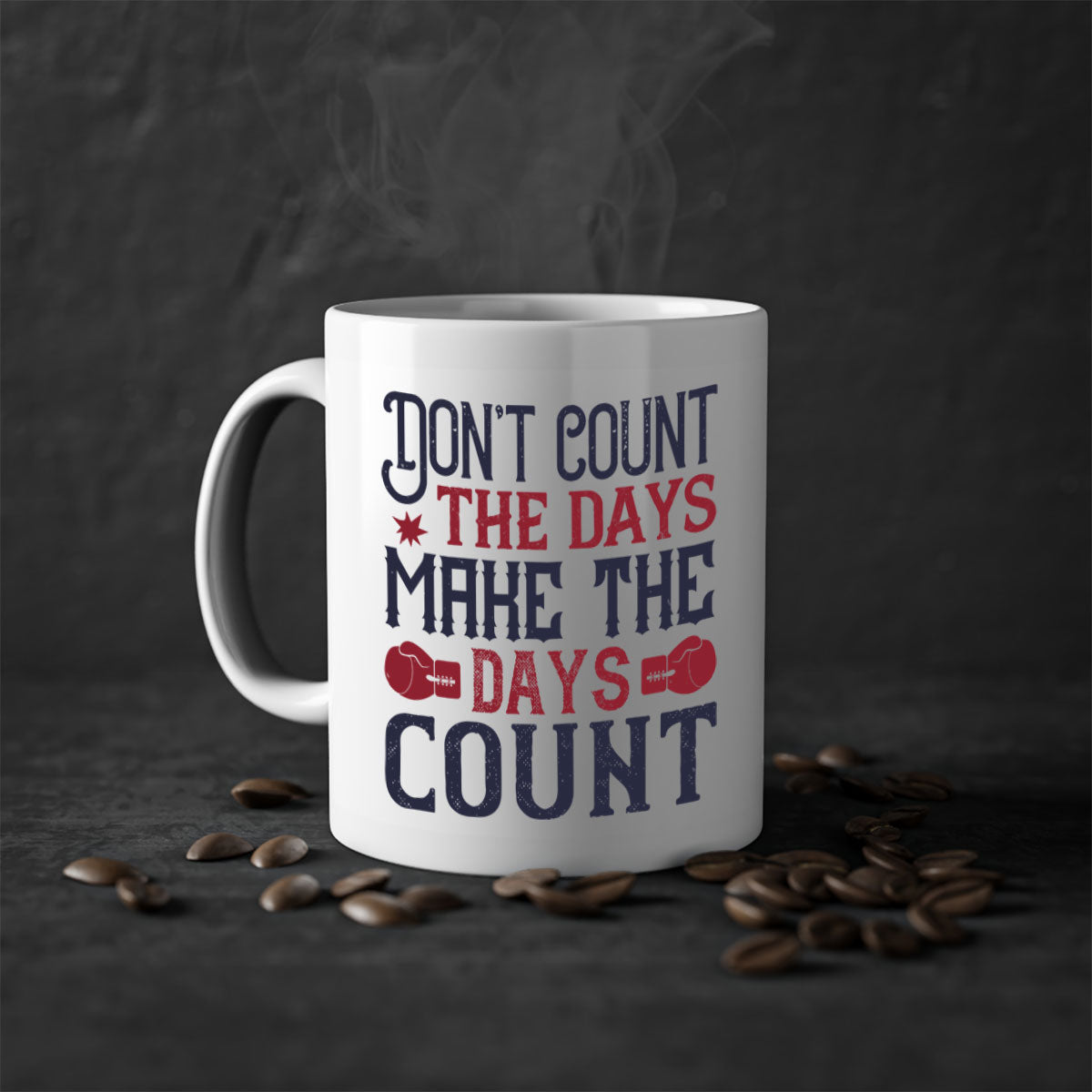 A stylish two-tone ceramic coffee mug with a motivational quote, available in five colors and two sizes.