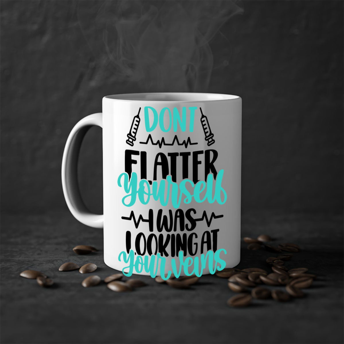 A stylish two-tone coffee mug featuring the phrase 'Dont Flatter Yourself I Was Looking At Your Veins' with a glossy finish and colored handle.