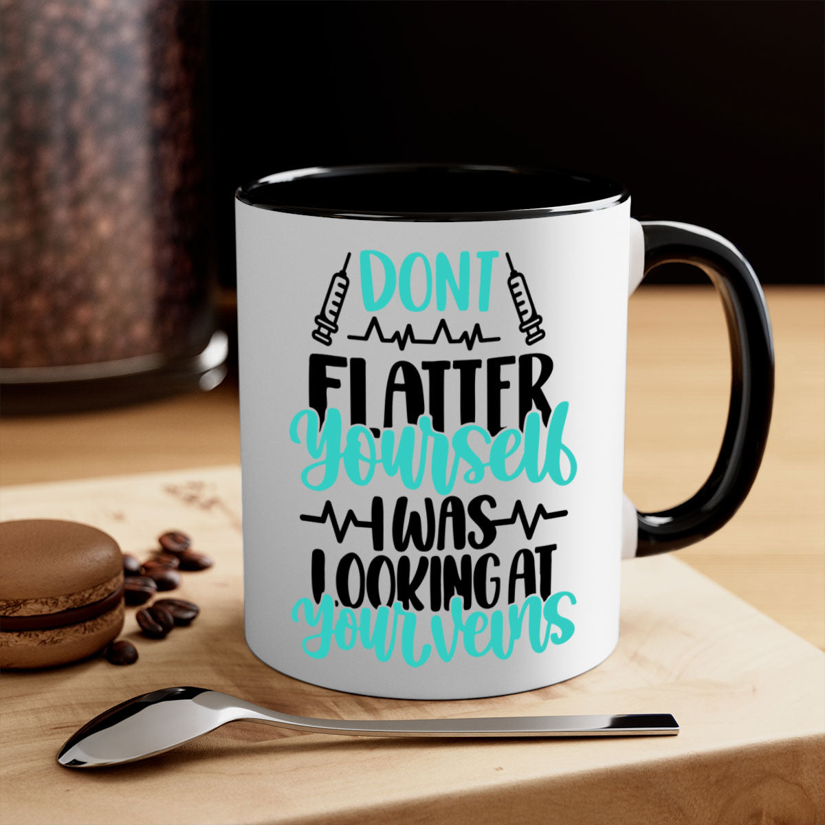 A stylish two-tone coffee mug with the phrase 'Dont Flatter Yourself I Was Looking At Your Veins' printed on it, featuring a glossy finish and a colored handle.