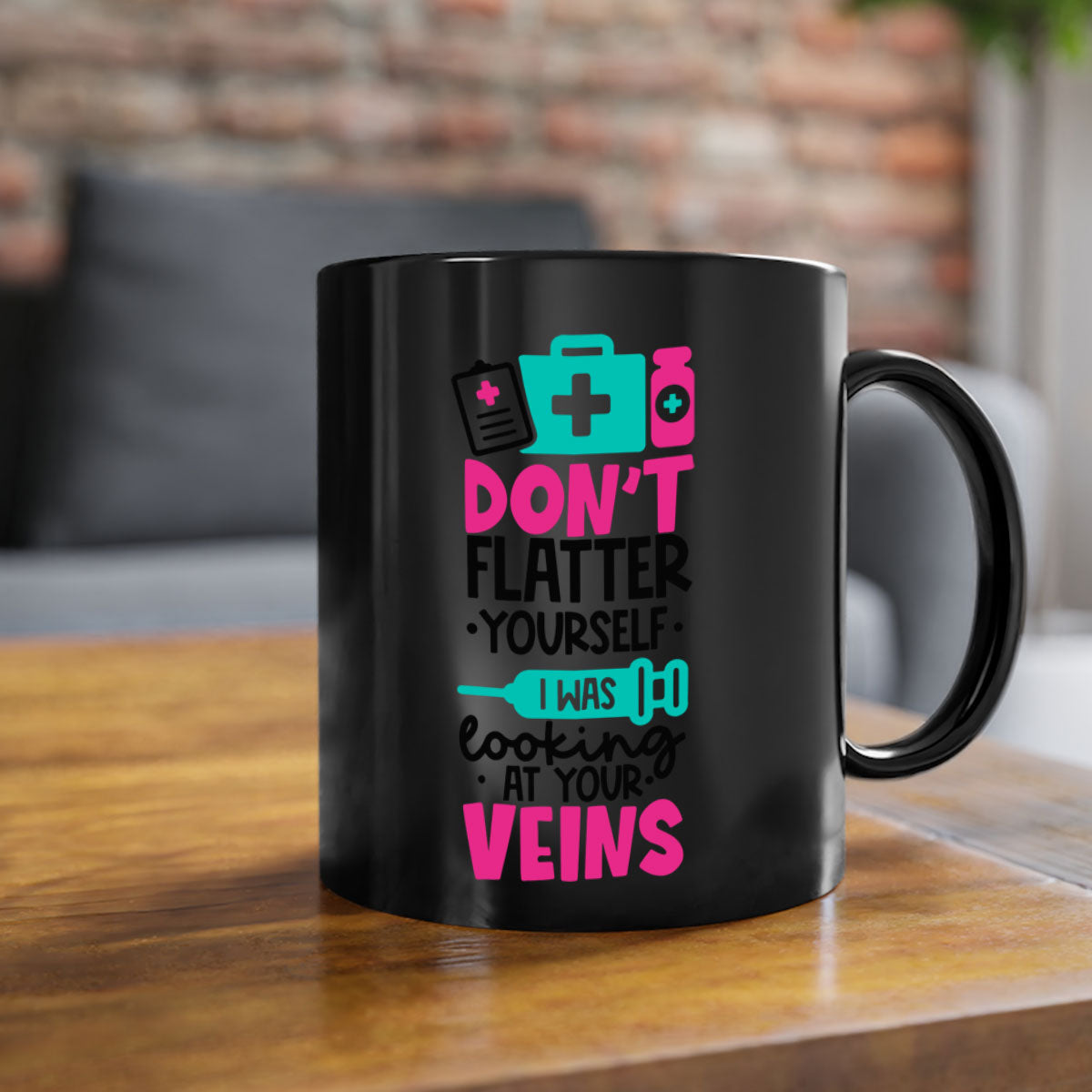 A stylish two-tone ceramic mug with the phrase 'Dont Flatter Yourself I Was Looking At Your Veins' printed on it, featuring a colored handle and glossy finish.