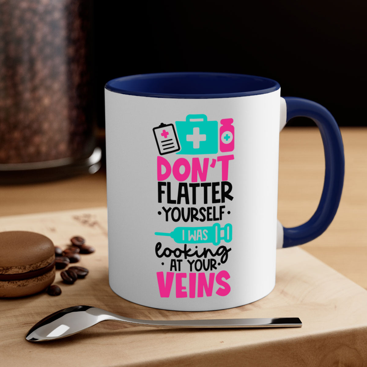A stylish two-tone ceramic mug with the phrase 'Dont Flatter Yourself I Was Looking At Your Veins' printed on it, featuring a colored handle and glossy finish.