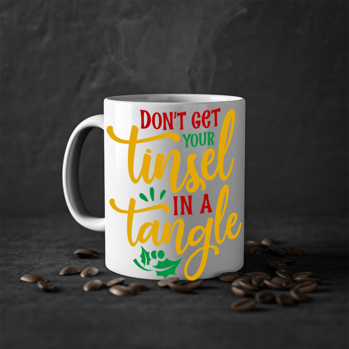 A festive 'Don't Get Your Tinsel in a Tangle' Christmas mug featuring a glossy finish, colored handle, and interior, available in multiple colors.