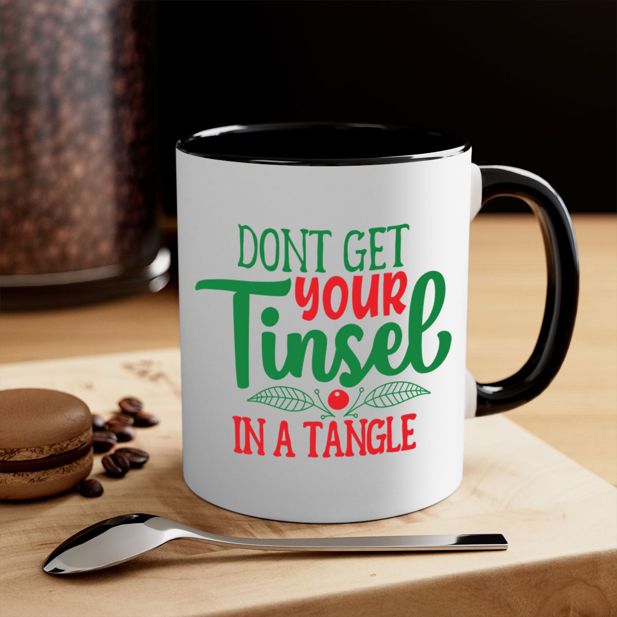 Don't Get Your Tinsel in a Tangle Christmas Mug with a glossy finish, featuring a colored handle and interior, available in multiple colors.