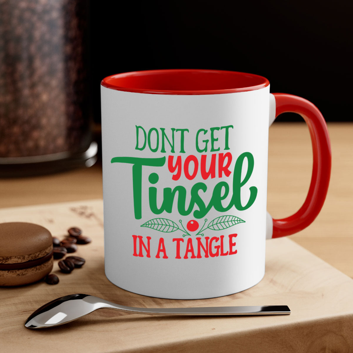 Don't Get Your Tinsel in a Tangle Christmas Mug with a glossy finish, featuring a colored handle and interior, available in multiple colors.