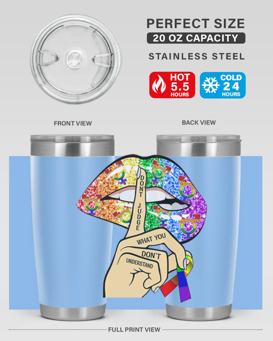 DonT Judge LGBT Pride Lips tumbler showcasing vibrant colors and stylish design, perfect for hot and cold beverages.