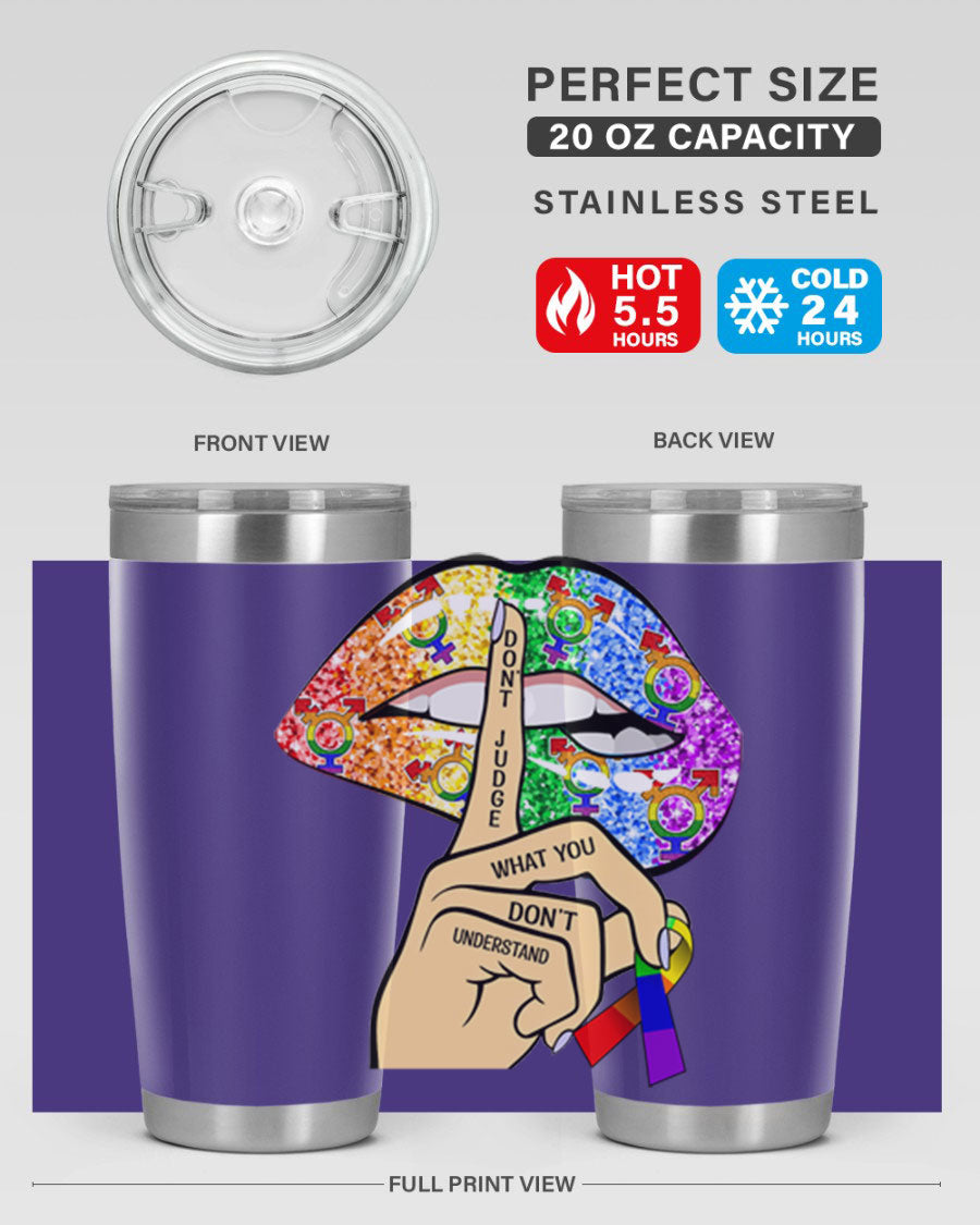 DonT Judge LGBT Pride Lips tumbler showcasing vibrant colors and stylish design, perfect for hot and cold beverages.