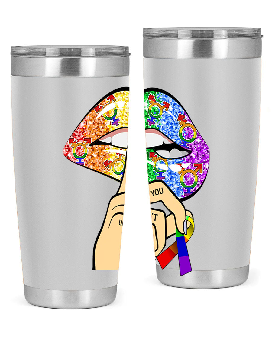 DonT Judge LGBT Pride Lips tumbler showcasing vibrant colors and stylish design, perfect for hot and cold beverages.