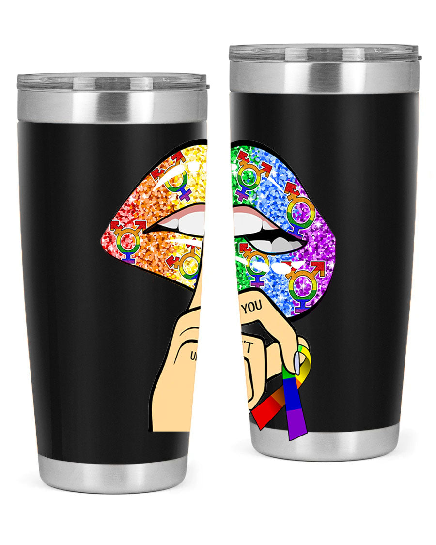 DonT Judge LGBT Pride Lips tumbler showcasing vibrant colors and stylish design, perfect for hot and cold beverages.