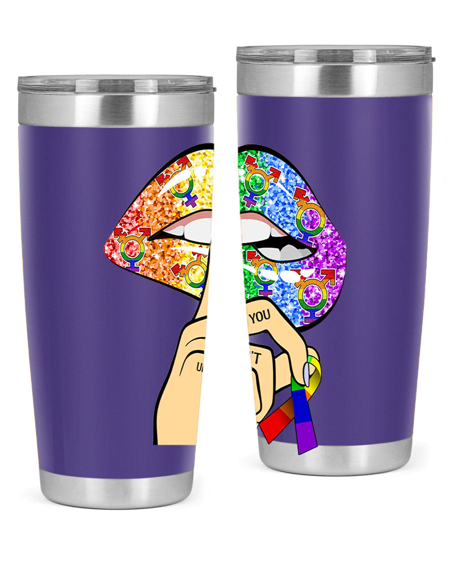 DonT Judge LGBT Pride Lips tumbler showcasing vibrant colors and stylish design, perfect for hot and cold beverages.