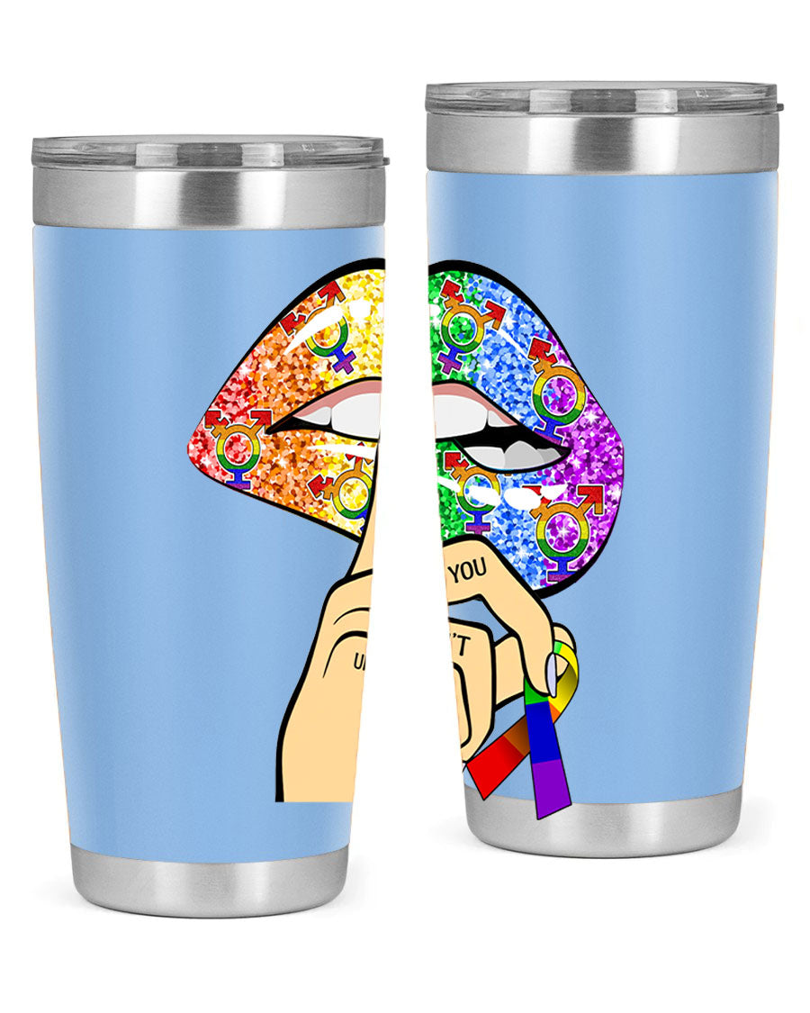 DonT Judge LGBT Pride Lips tumbler showcasing vibrant colors and stylish design, perfect for hot and cold beverages.