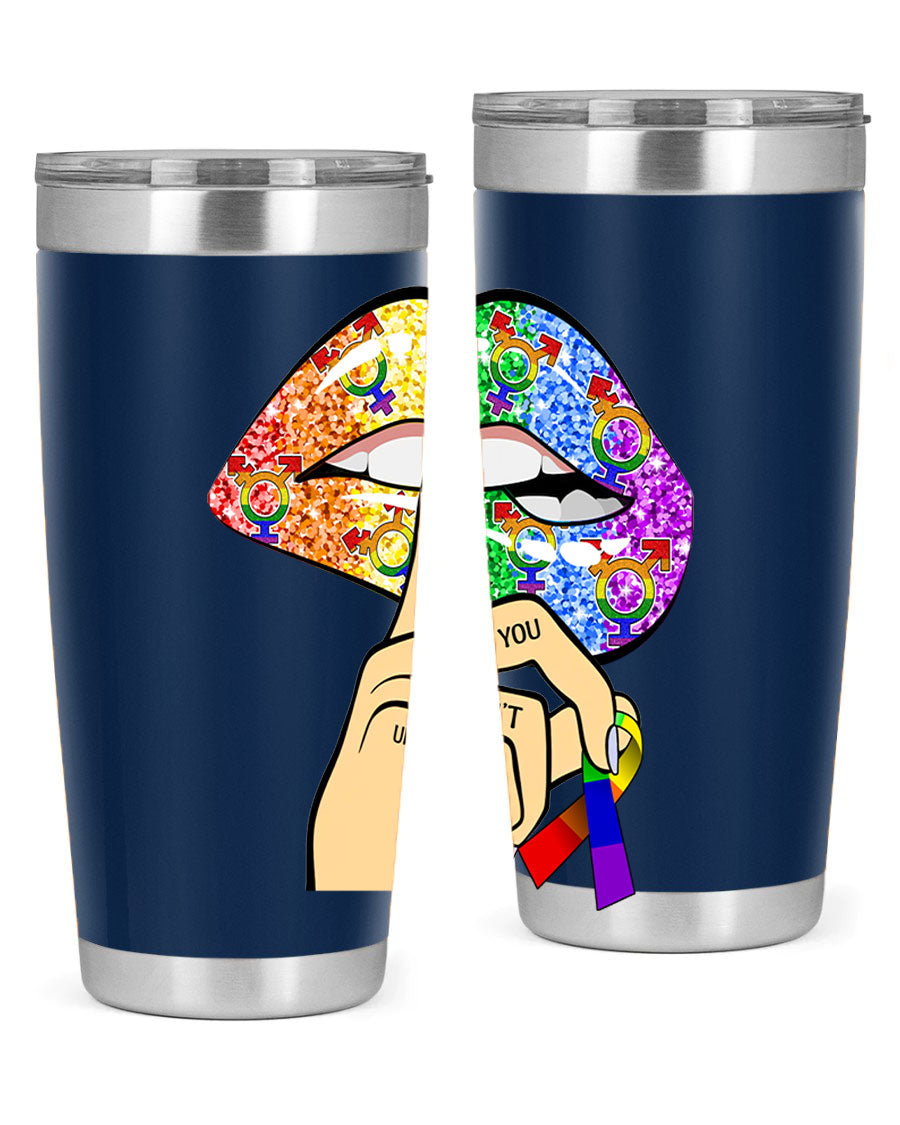 DonT Judge LGBT Pride Lips tumbler showcasing vibrant colors and stylish design, perfect for hot and cold beverages.