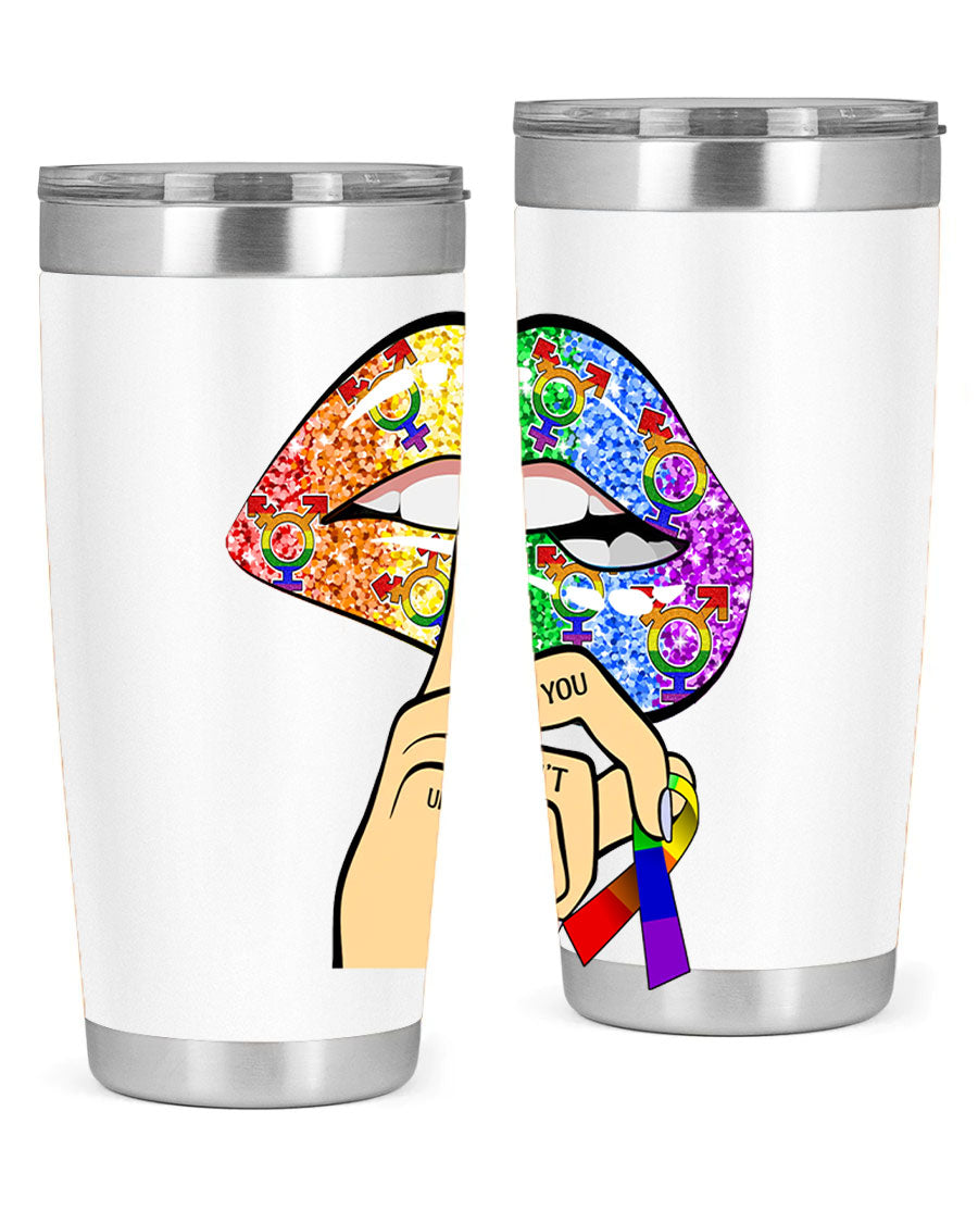 DonT Judge LGBT Pride Lips tumbler showcasing vibrant colors and stylish design, perfect for hot and cold beverages.
