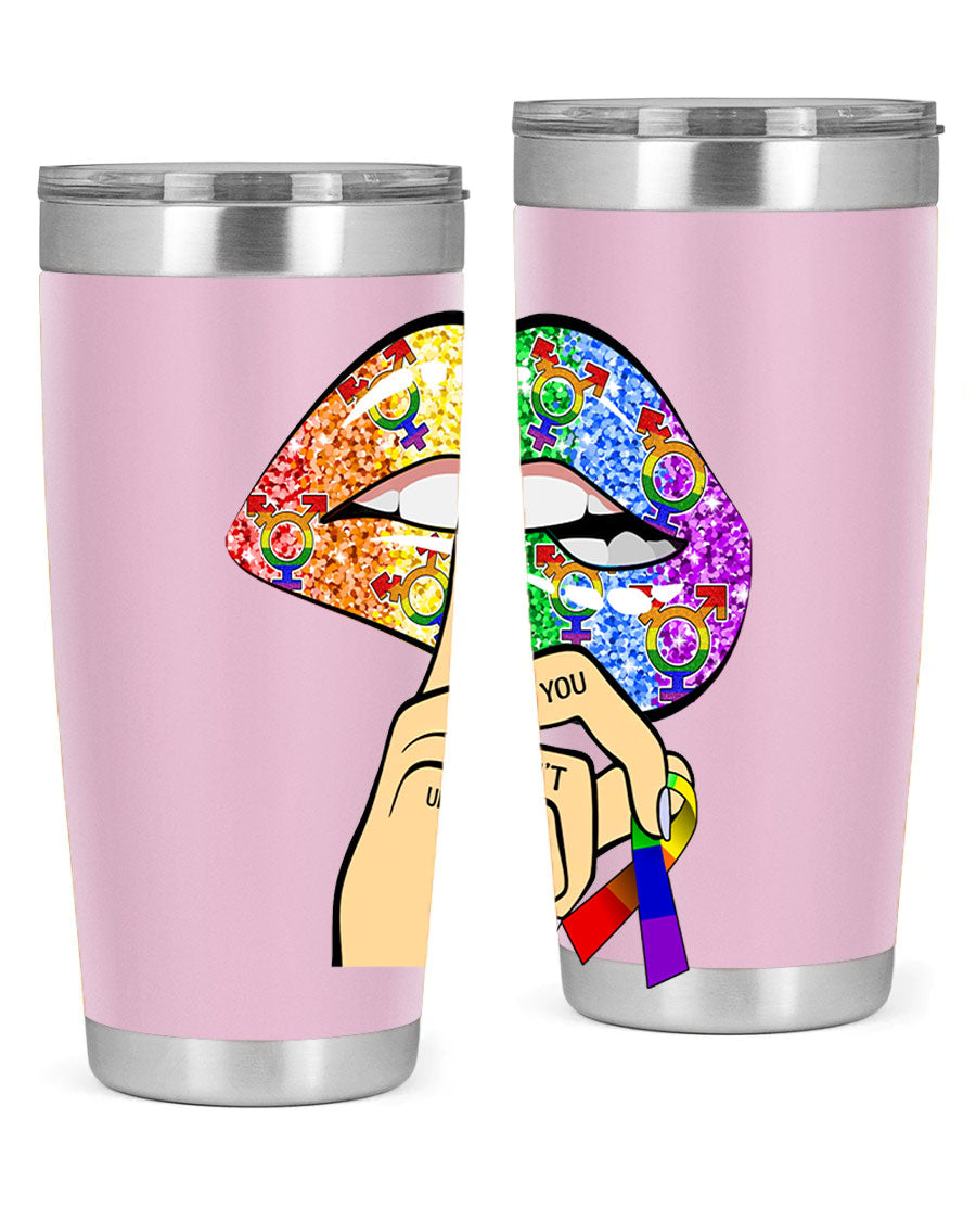 DonT Judge LGBT Pride Lips tumbler showcasing vibrant colors and stylish design, perfect for hot and cold beverages.