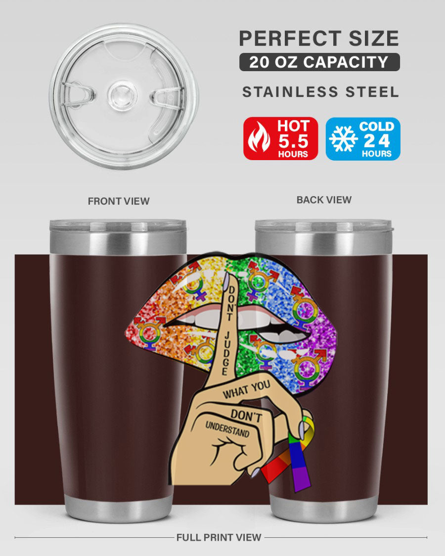 DonT Judge LGBT Pride Lips tumbler showcasing vibrant colors and stylish design, perfect for hot and cold beverages.