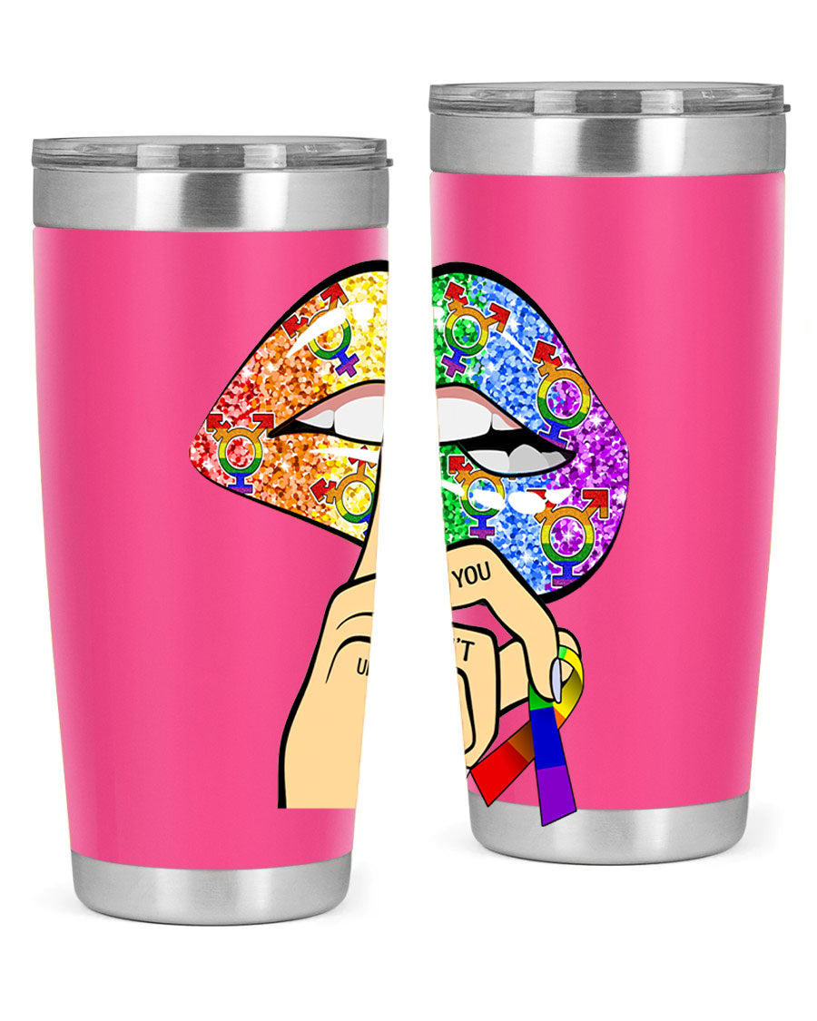 DonT Judge LGBT Pride Lips tumbler showcasing vibrant colors and stylish design, perfect for hot and cold beverages.