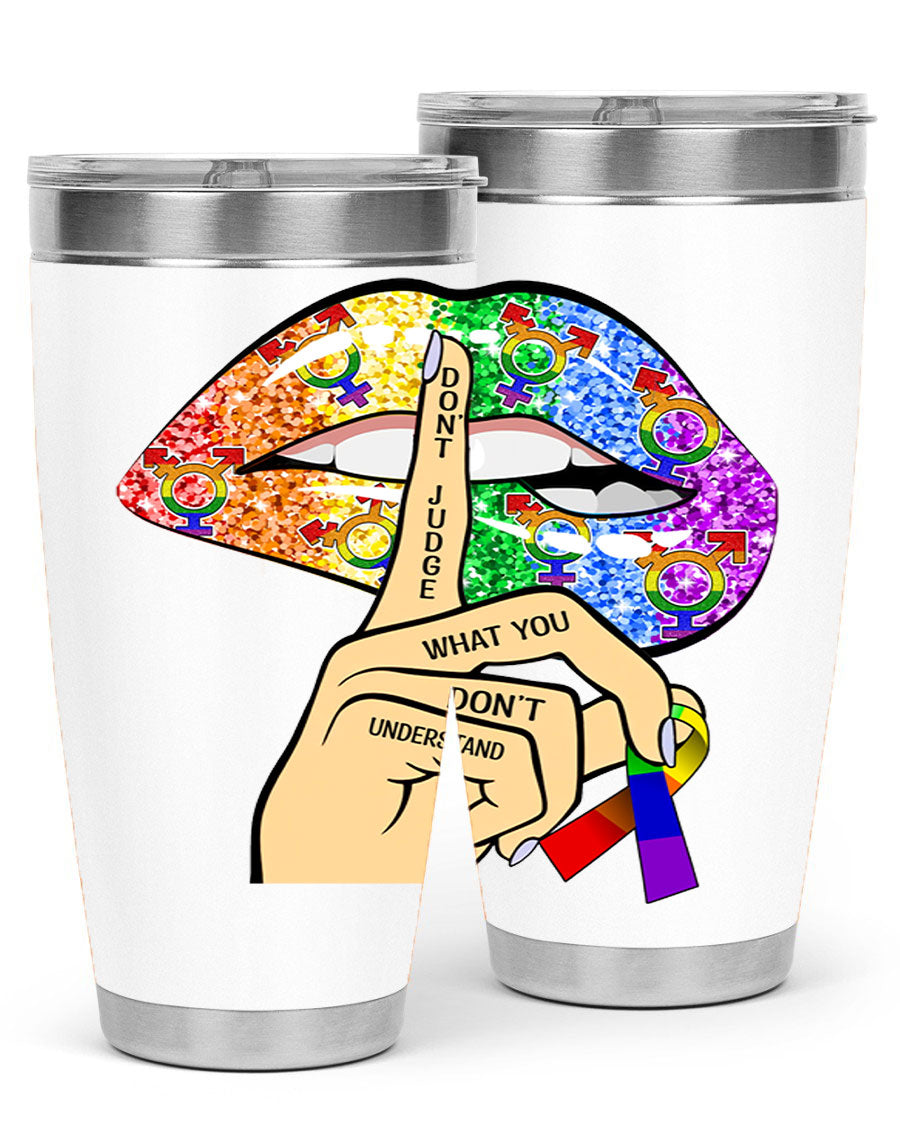 DonT Judge LGBT Pride Lips tumbler showcasing vibrant colors and stylish design, perfect for hot and cold beverages.