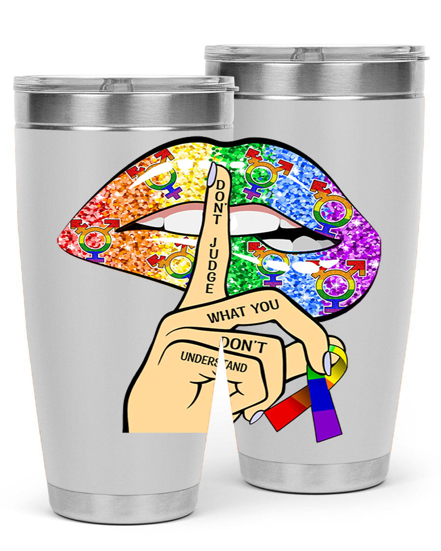 DonT Judge LGBT Pride Lips tumbler showcasing vibrant colors and stylish design, perfect for hot and cold beverages.