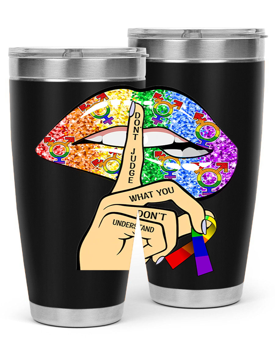 DonT Judge LGBT Pride Lips tumbler showcasing vibrant colors and stylish design, perfect for hot and cold beverages.