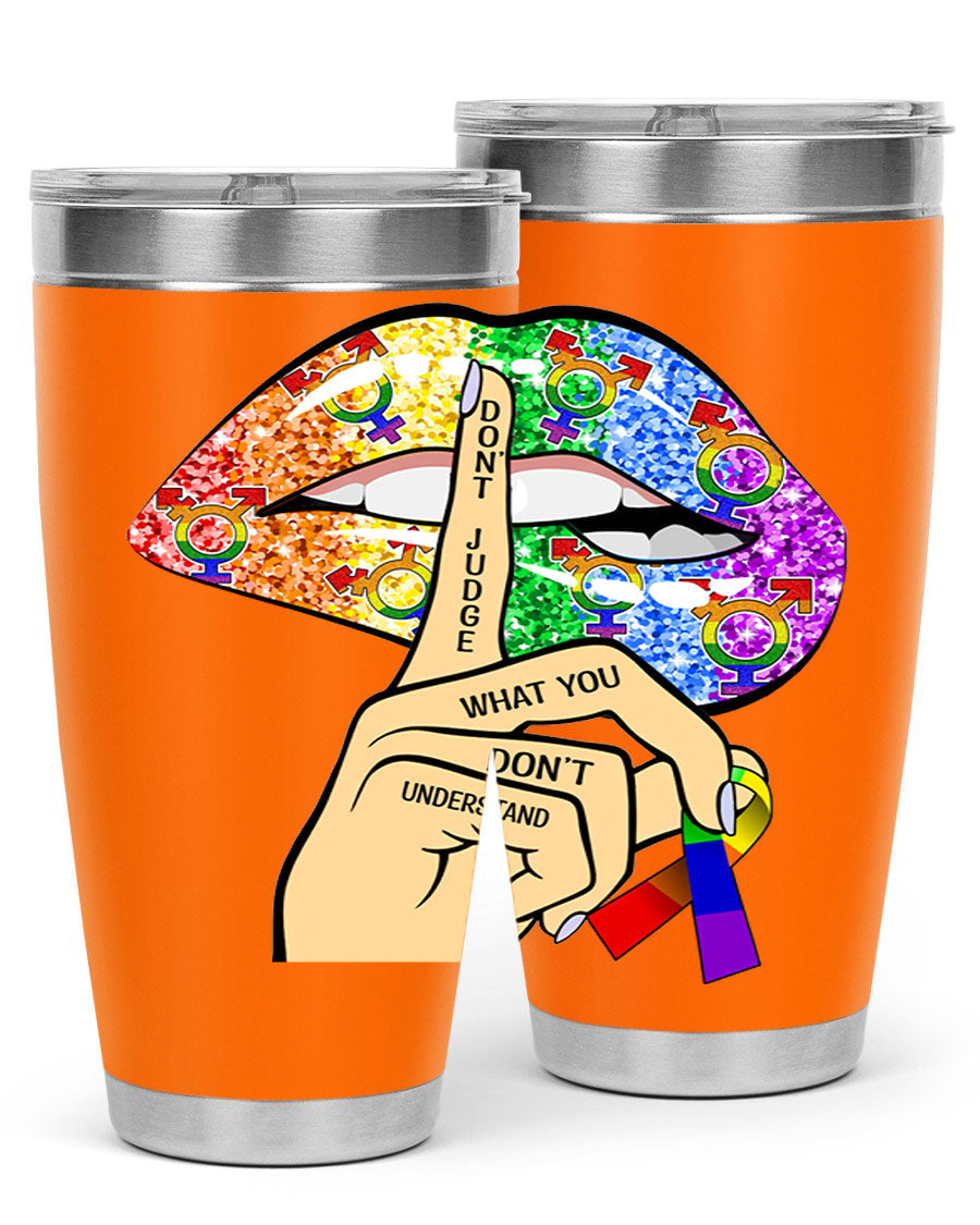 DonT Judge LGBT Pride Lips tumbler showcasing vibrant colors and stylish design, perfect for hot and cold beverages.