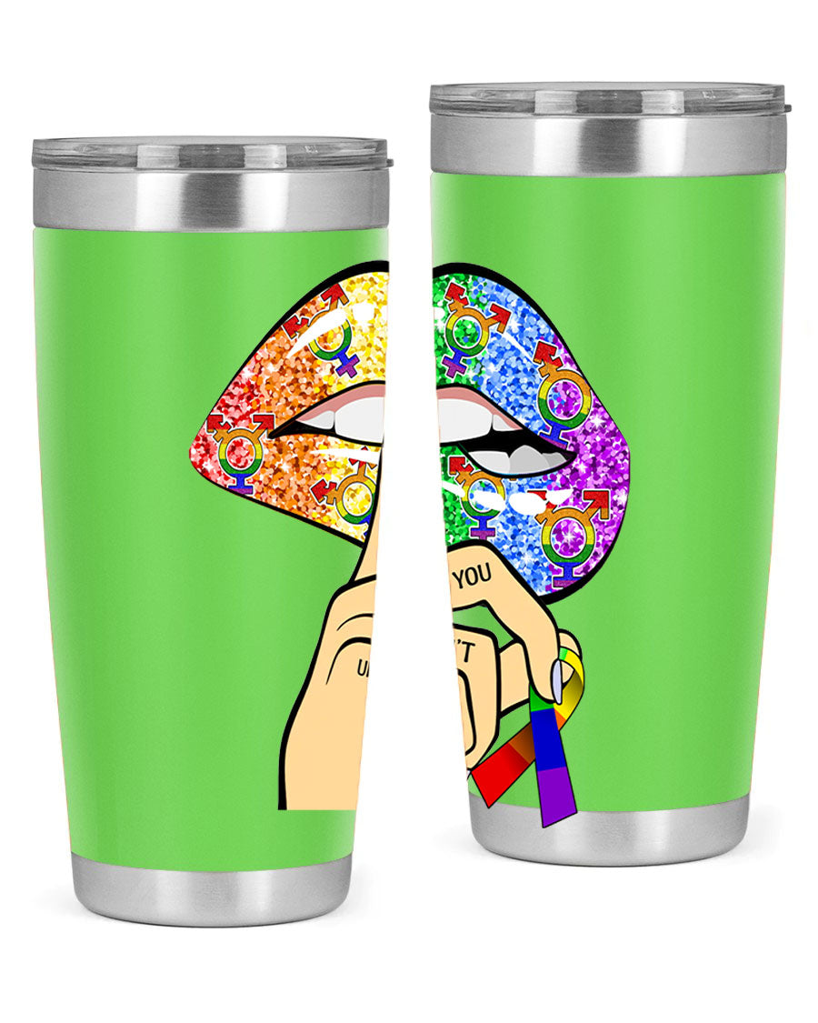 DonT Judge LGBT Pride Lips tumbler showcasing vibrant colors and stylish design, perfect for hot and cold beverages.