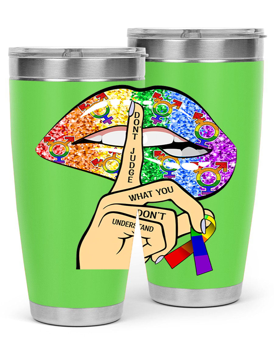 DonT Judge LGBT Pride Lips tumbler showcasing vibrant colors and stylish design, perfect for hot and cold beverages.
