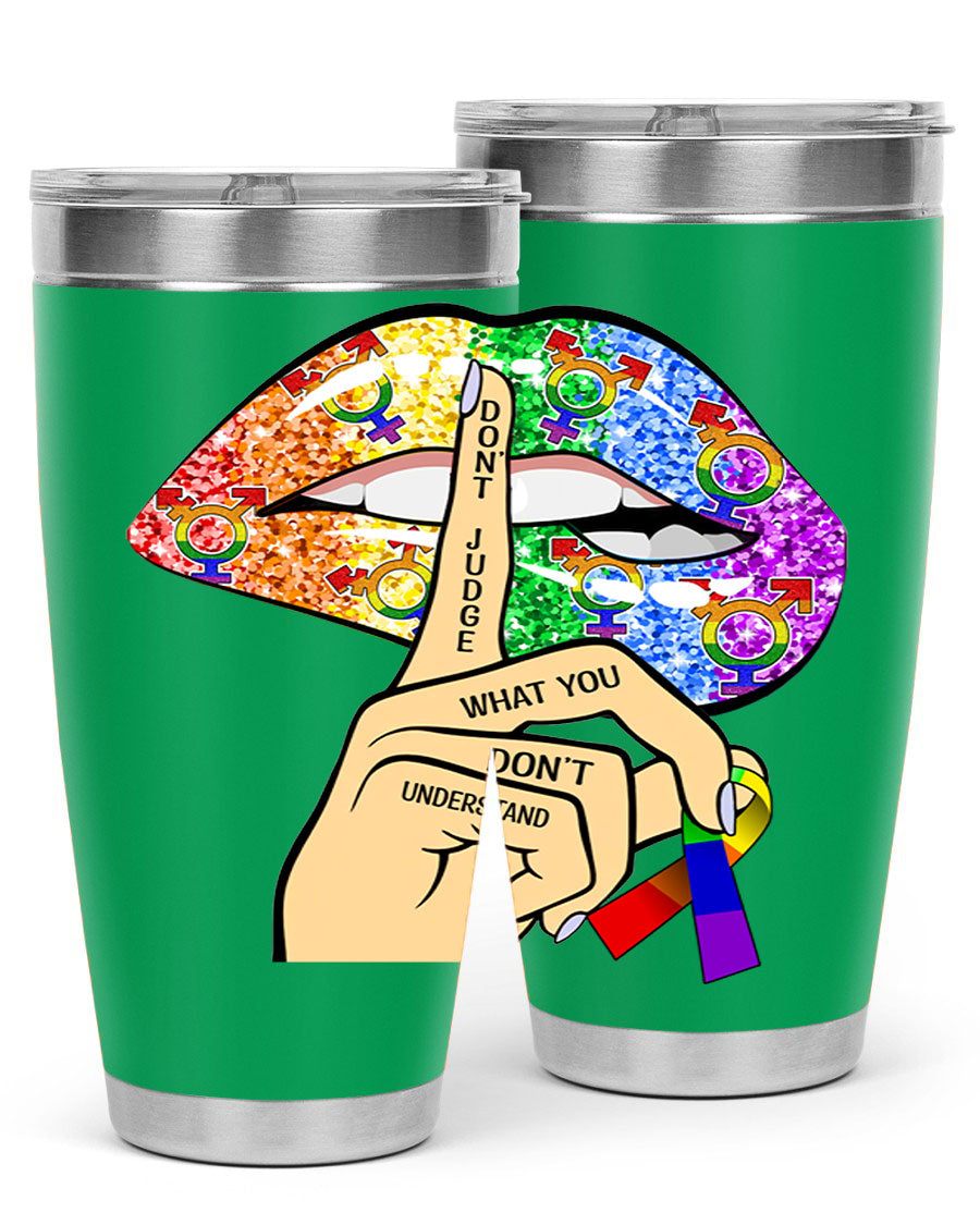 DonT Judge LGBT Pride Lips tumbler showcasing vibrant colors and stylish design, perfect for hot and cold beverages.