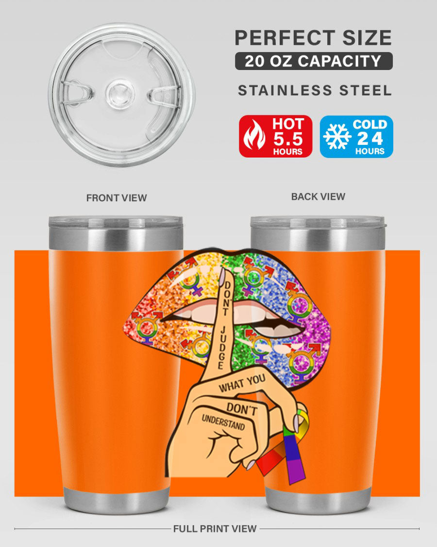 DonT Judge LGBT Pride Lips tumbler showcasing vibrant colors and stylish design, perfect for hot and cold beverages.