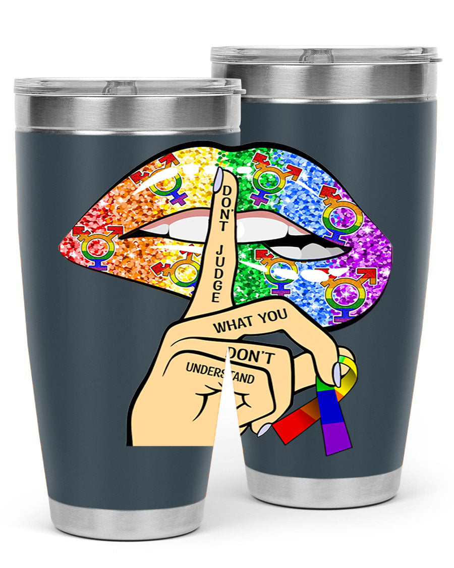 DonT Judge LGBT Pride Lips tumbler showcasing vibrant colors and stylish design, perfect for hot and cold beverages.