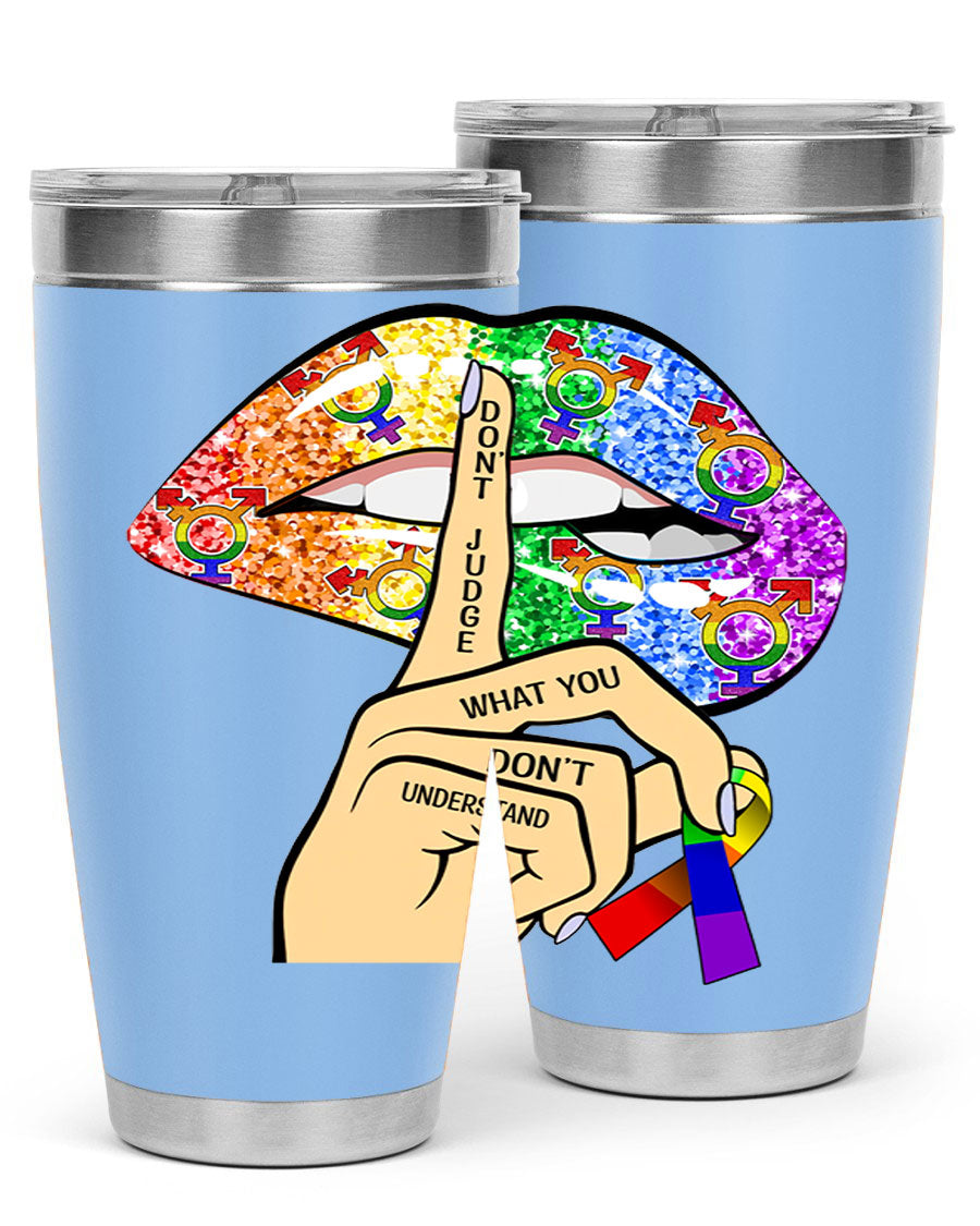 DonT Judge LGBT Pride Lips tumbler showcasing vibrant colors and stylish design, perfect for hot and cold beverages.