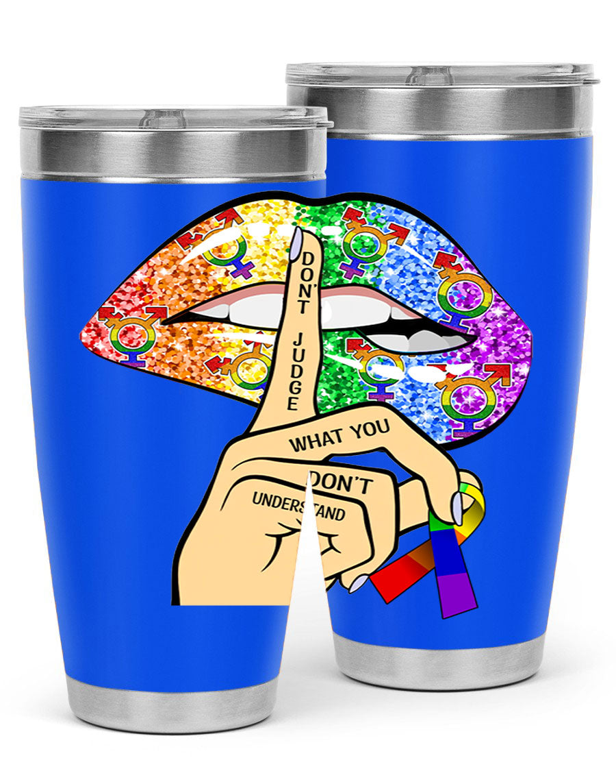 DonT Judge LGBT Pride Lips tumbler showcasing vibrant colors and stylish design, perfect for hot and cold beverages.