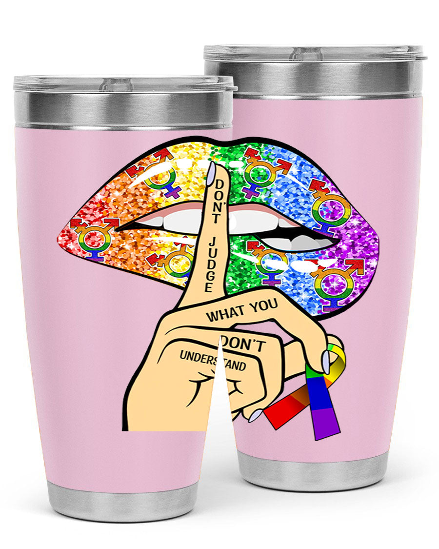 DonT Judge LGBT Pride Lips tumbler showcasing vibrant colors and stylish design, perfect for hot and cold beverages.