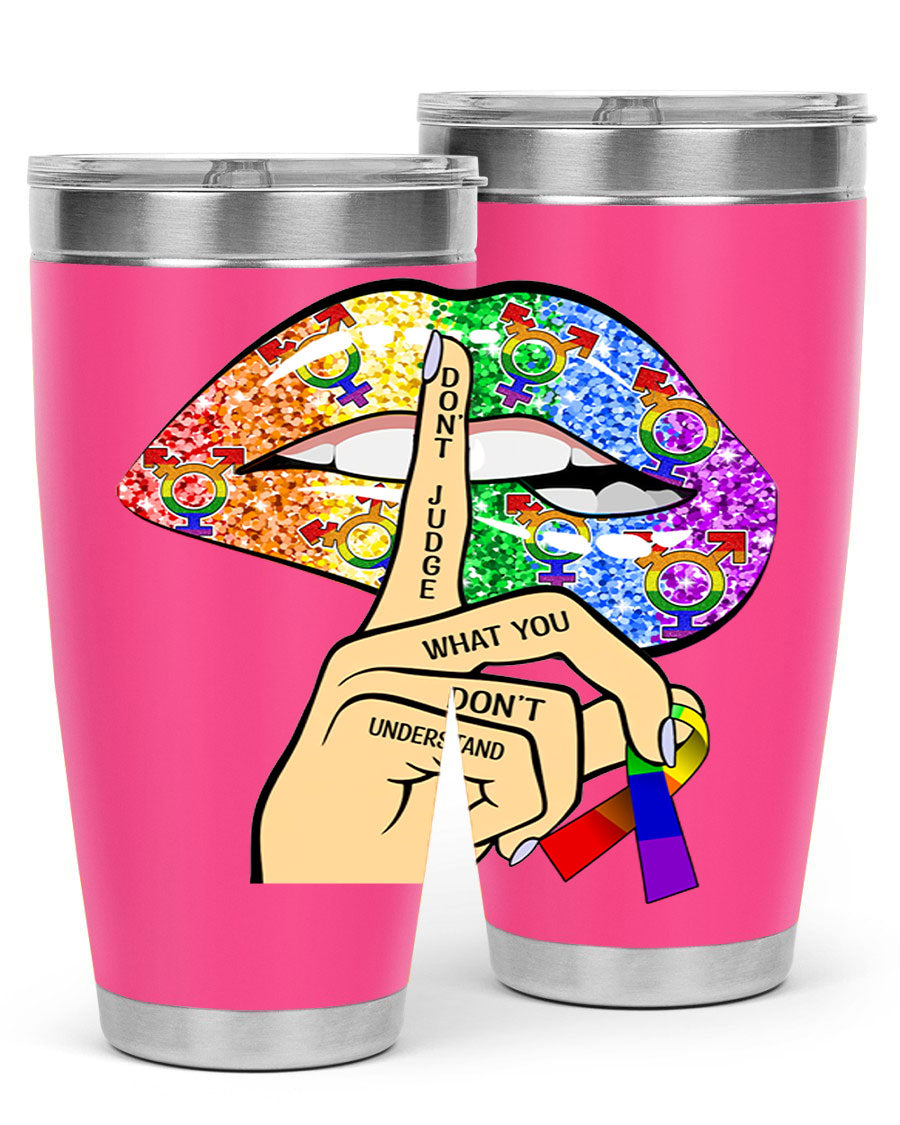 DonT Judge LGBT Pride Lips tumbler showcasing vibrant colors and stylish design, perfect for hot and cold beverages.