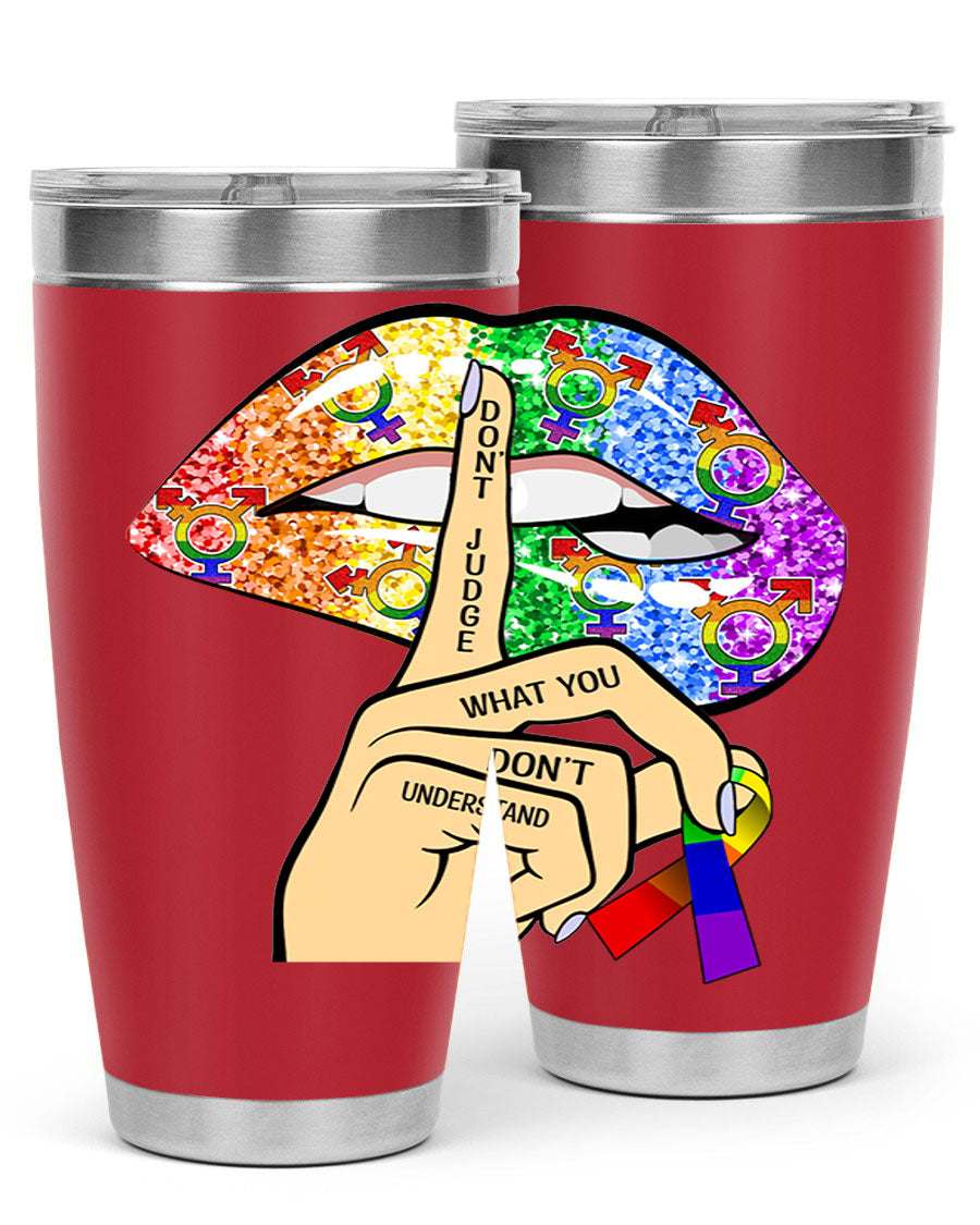 DonT Judge LGBT Pride Lips tumbler showcasing vibrant colors and stylish design, perfect for hot and cold beverages.