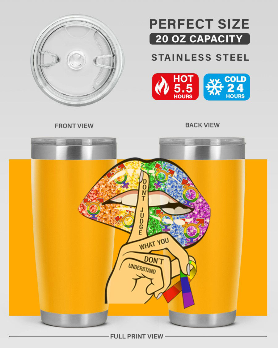 DonT Judge LGBT Pride Lips tumbler showcasing vibrant colors and stylish design, perfect for hot and cold beverages.