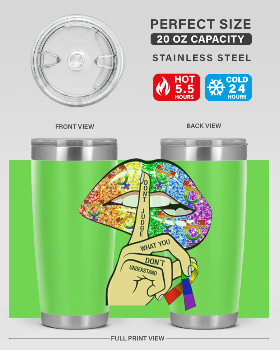 DonT Judge LGBT Pride Lips tumbler showcasing vibrant colors and stylish design, perfect for hot and cold beverages.
