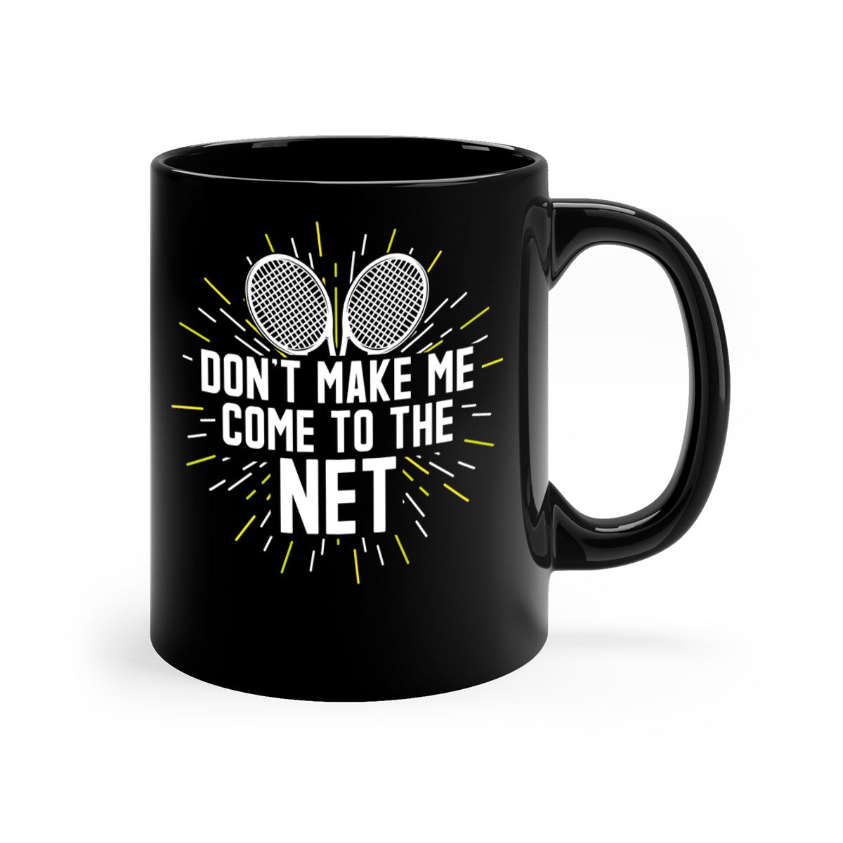 A stylish two-tone ceramic coffee mug with a colored handle and glossy finish, featuring the phrase 'dont make me come to the net 586#' for tennis enthusiasts.