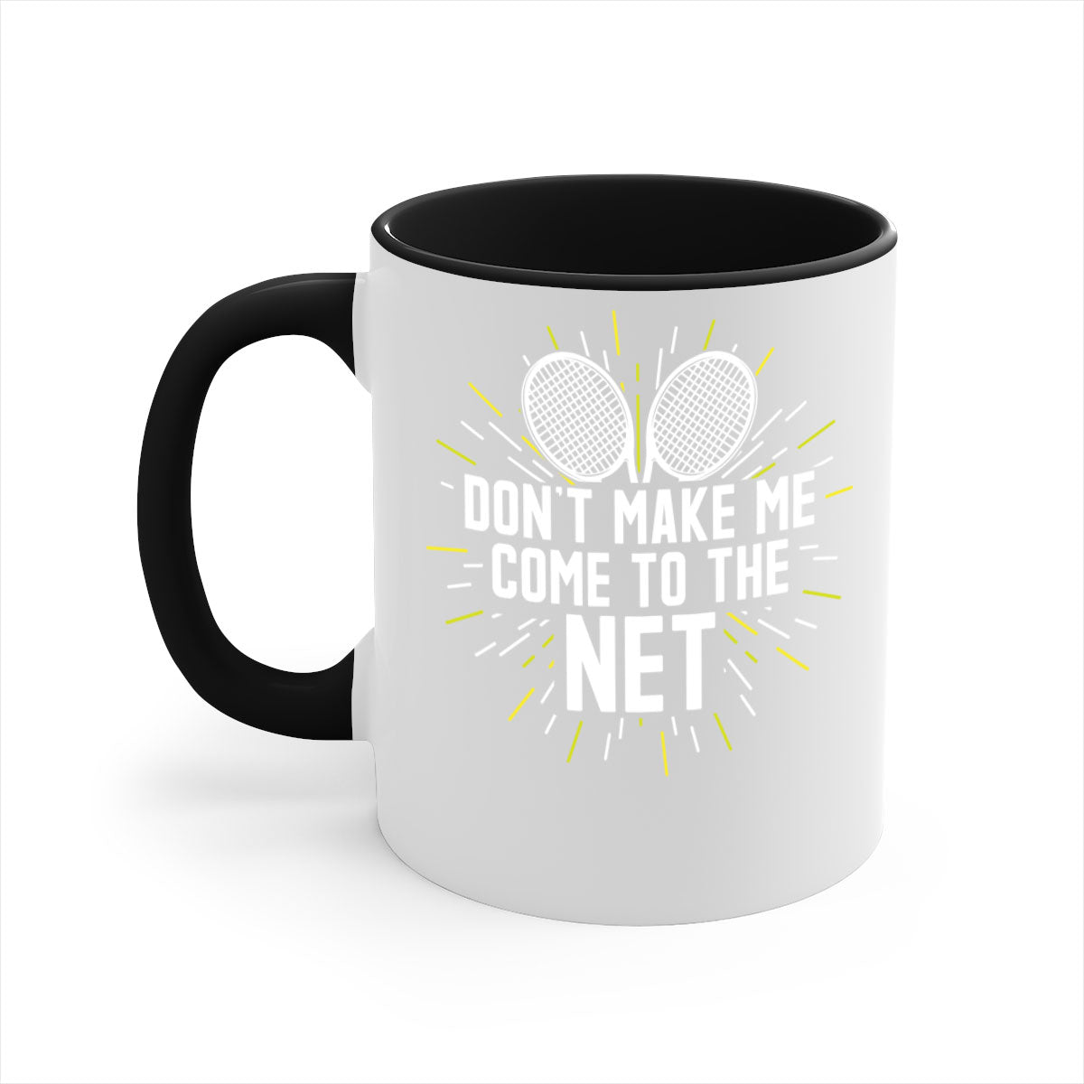 A stylish two-tone ceramic coffee mug with a colored handle and glossy finish, featuring the phrase 'dont make me come to the net 586#' for tennis enthusiasts.