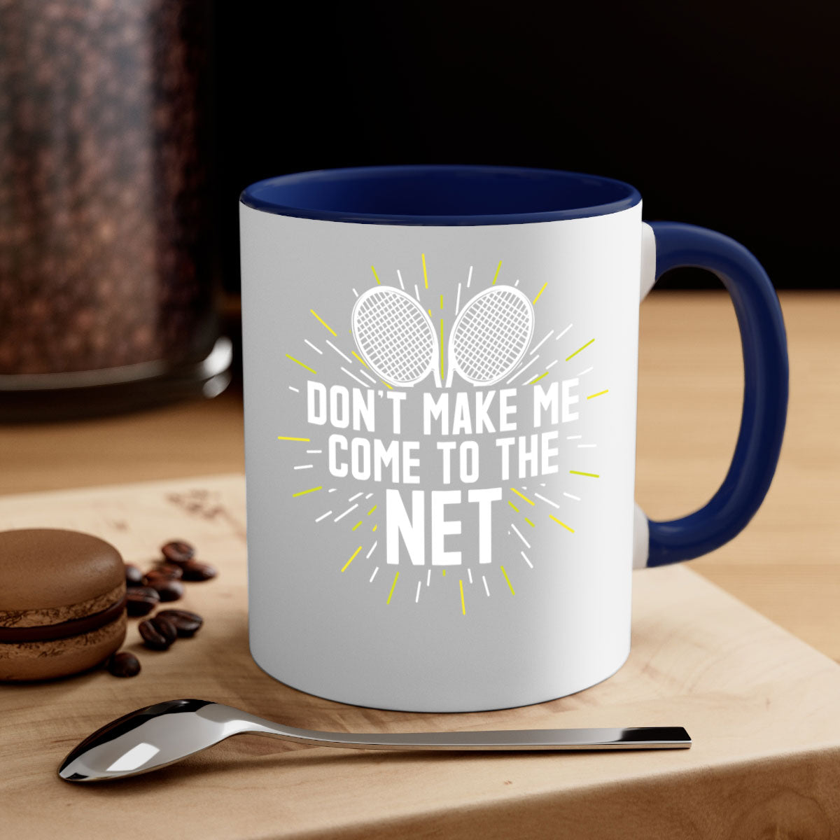 A stylish two-tone ceramic coffee mug with a colored handle and glossy finish, featuring the phrase 'dont make me come to the net 586#' for tennis enthusiasts.