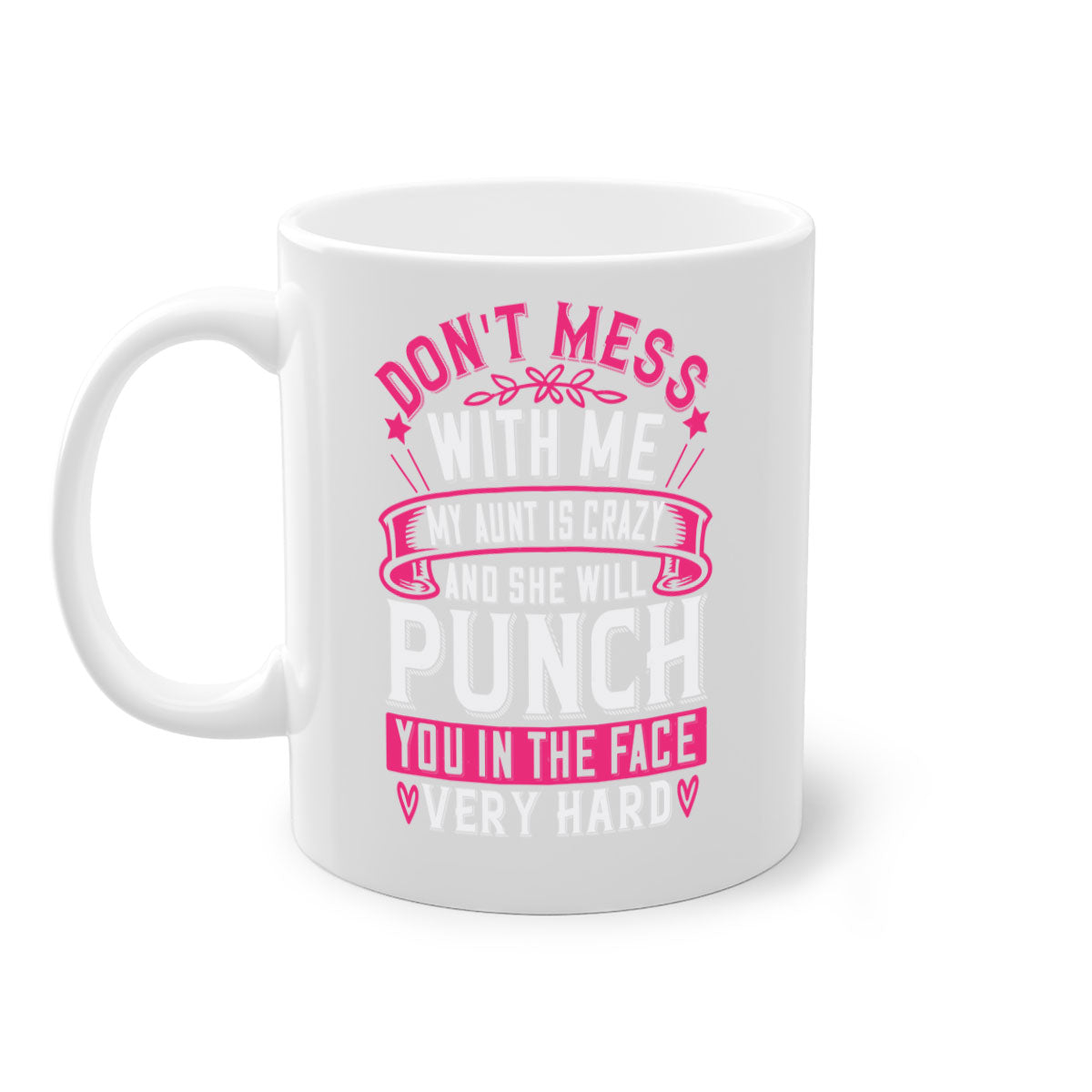 A two-tone ceramic mug with a humorous quote, featuring a colored handle and glossy finish, available in multiple colors.