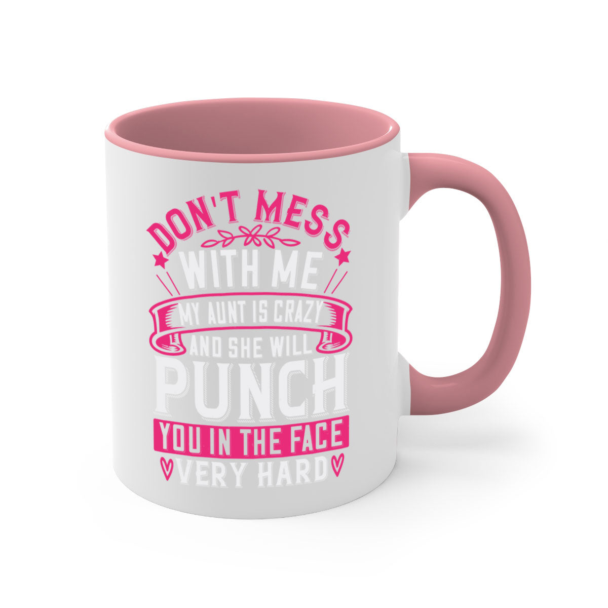 A two-tone ceramic mug with a humorous quote, featuring a colored handle and glossy finish, available in multiple colors.