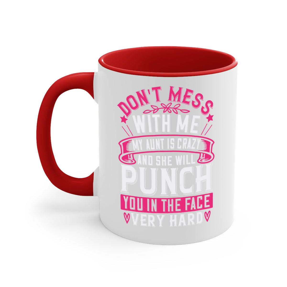 A two-tone ceramic mug with a humorous quote, featuring a colored handle and glossy finish, available in multiple colors.