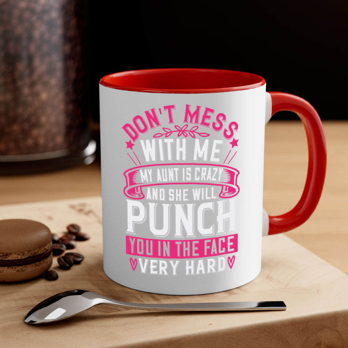 A two-tone ceramic mug with a humorous quote, featuring a colored handle and glossy finish, available in multiple colors.