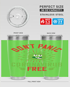 Don't Panic Coronavirus Free Tumbler in stainless steel with a motivational design, perfect for hot and cold beverages.