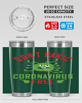 Don't Panic Coronavirus Free Tumbler in stainless steel with a motivational design, perfect for hot and cold beverages.