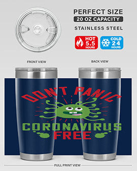 Don't Panic Coronavirus Free Tumbler in stainless steel with a motivational design, perfect for hot and cold beverages.