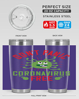 Don't Panic Coronavirus Free Tumbler in stainless steel with a motivational design, perfect for hot and cold beverages.