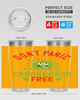 Don't Panic Coronavirus Free Tumbler in stainless steel with a motivational design, perfect for hot and cold beverages.