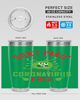 Don't Panic Coronavirus Free Tumbler in stainless steel with a motivational design, perfect for hot and cold beverages.