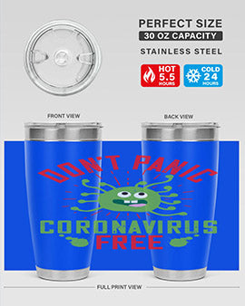 Don't Panic Coronavirus Free Tumbler in stainless steel with a motivational design, perfect for hot and cold beverages.